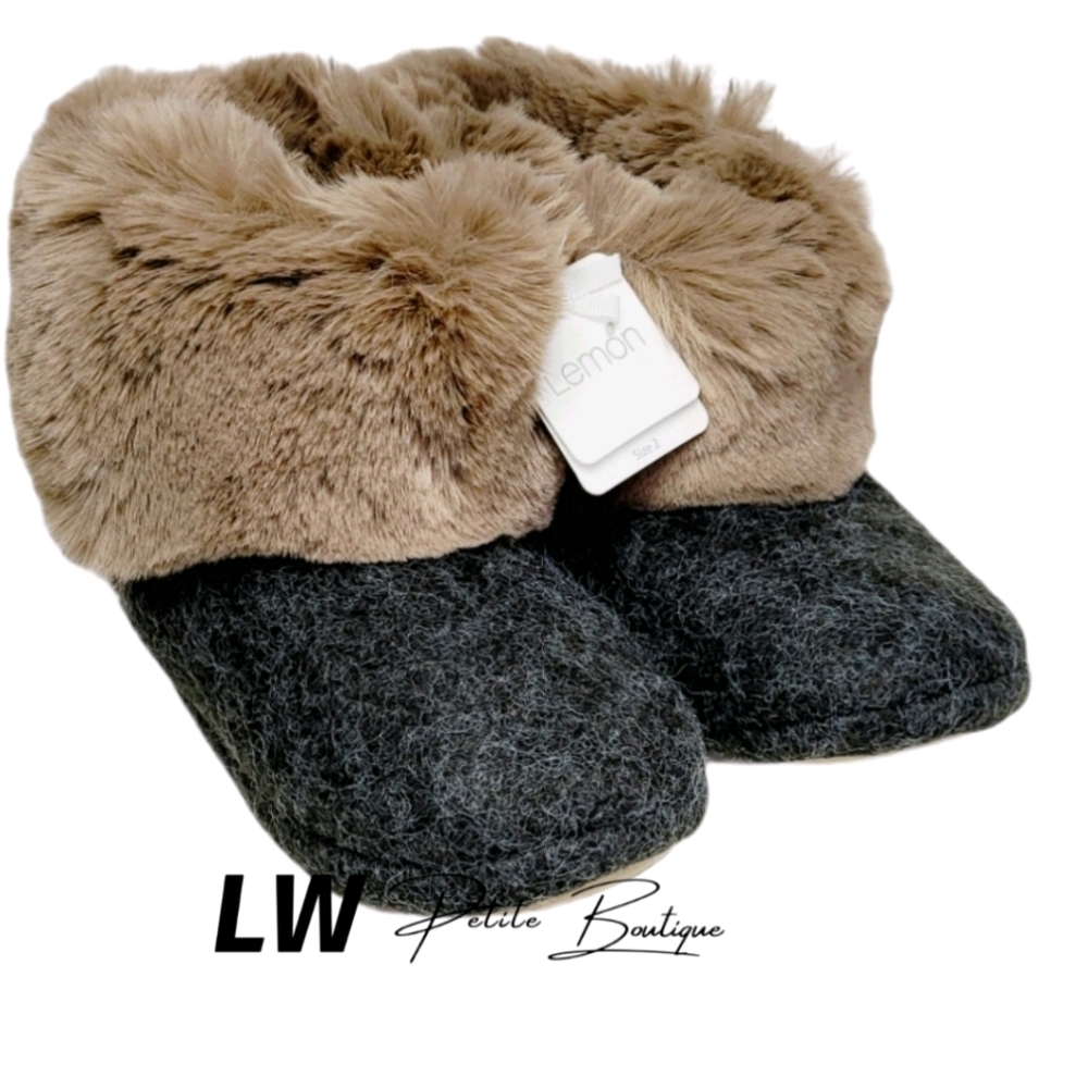 Lemon Faux Fur Cuffed Slippers Charcoal M/L=7-8 l